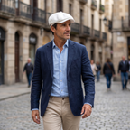Hombre con gorra gavroche newsboy blanco caminando por el casco antiguo