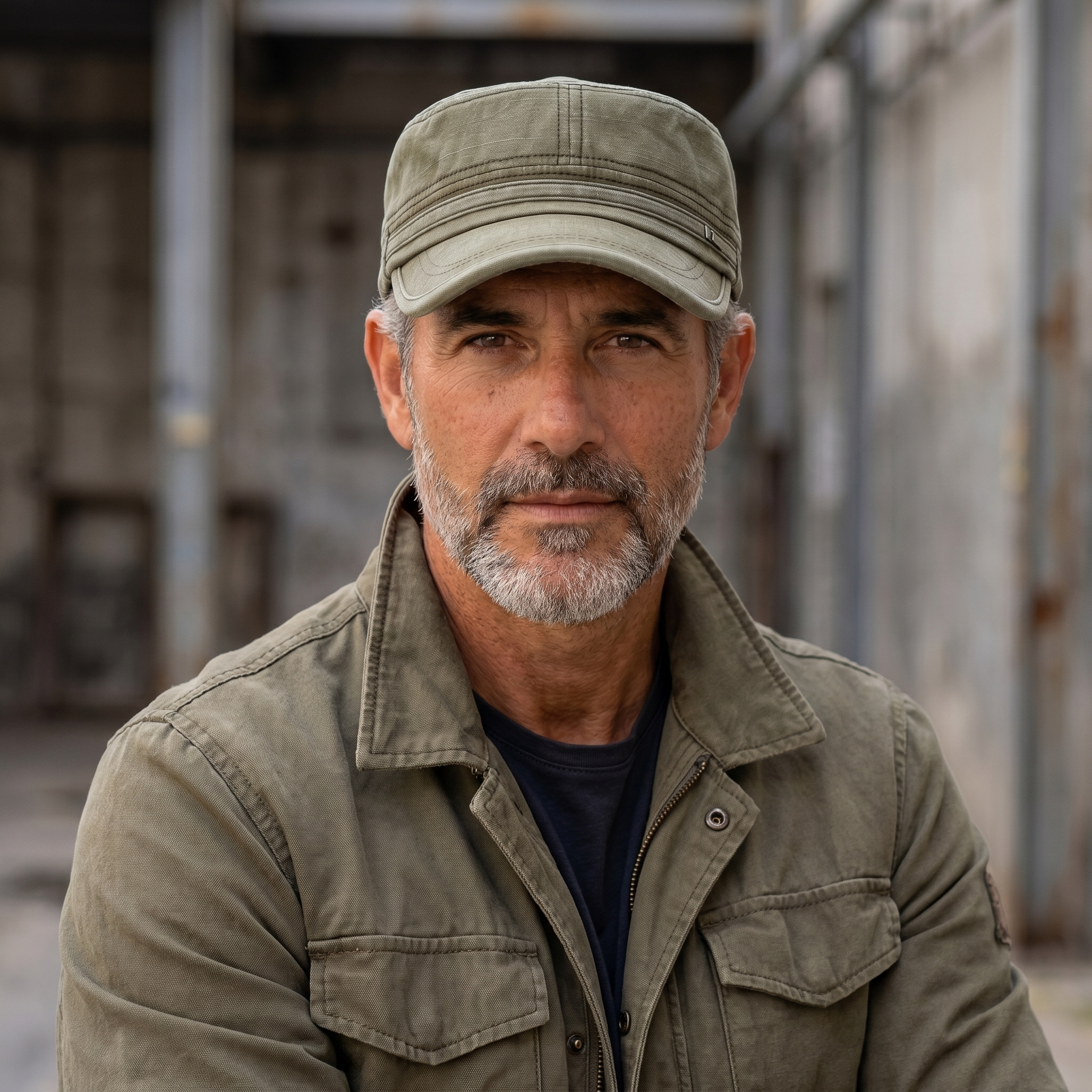 Hombre con gorra militar lavada verde militar en entorno urbano de hormigón